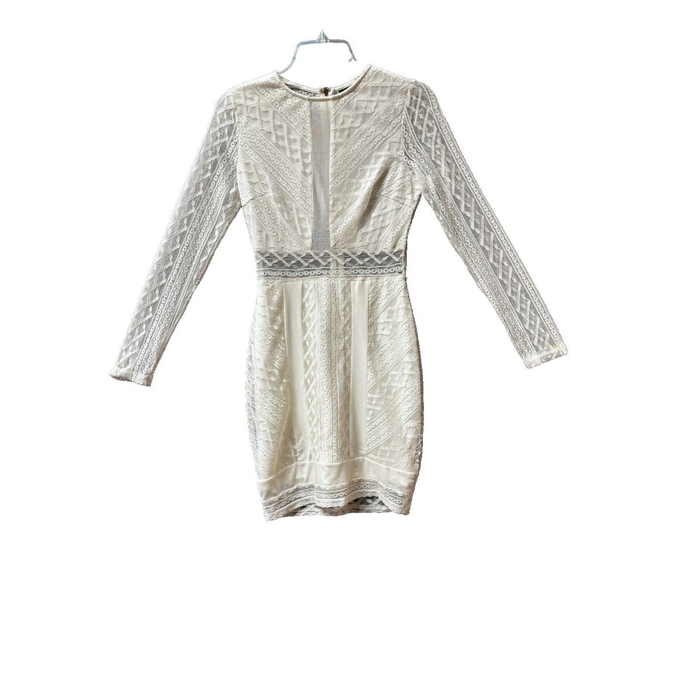 Windsor White Lace Long Sleeve Bodycon Dress Sheer Mesh Cutouts Size M Mediano